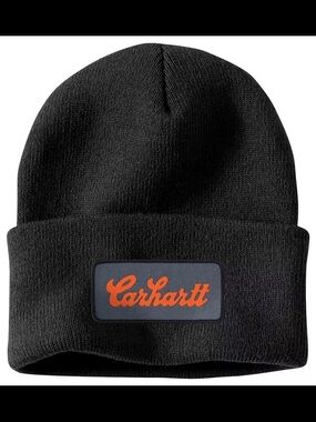 Carhartt Black Knit Beanie with Orange Script Patch